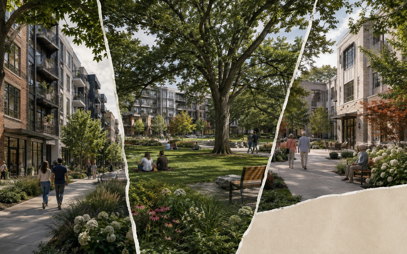 AI editorial concept showing torn-paper panels of mid-rise apartment buildings, landscaped walkways, a central lawn beneath a mature shade tree, and people including older adults using the public space.