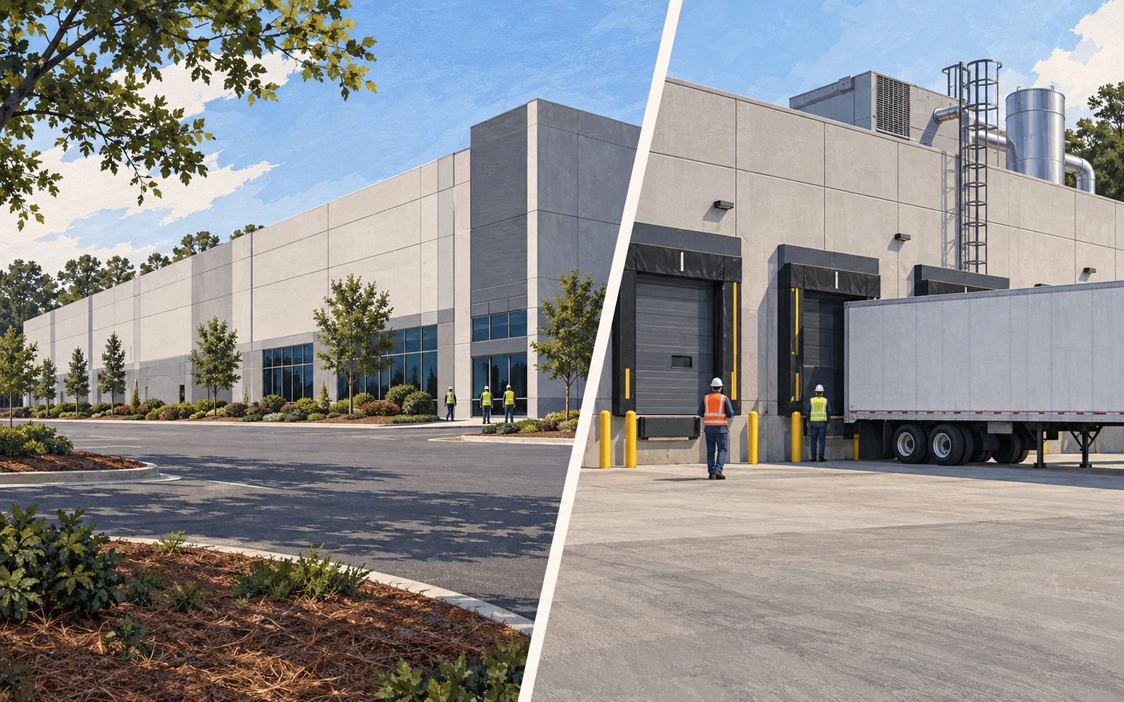 AI editorial concept showing a split view of a concrete industrial building, with a landscaped entrance on the left and loading docks, workers, rooftop equipment, and a truck trailer on the right.