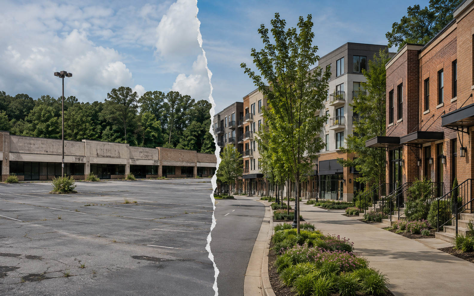 An AI editorial concept shows a torn-paper split between a vacant strip shopping center and cracked parking lot on the left and a tree-lined street with apartments, brick townhomes, storefronts, and sidewalks on the right.