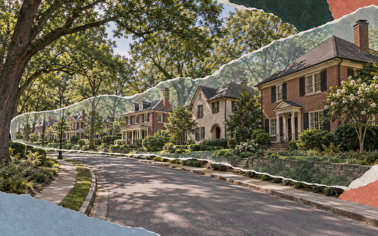 AI editorial concept showing a curved, tree-lined residential street with brick and stucco houses, sidewalks, landscaped yards, and layered torn-paper edges.