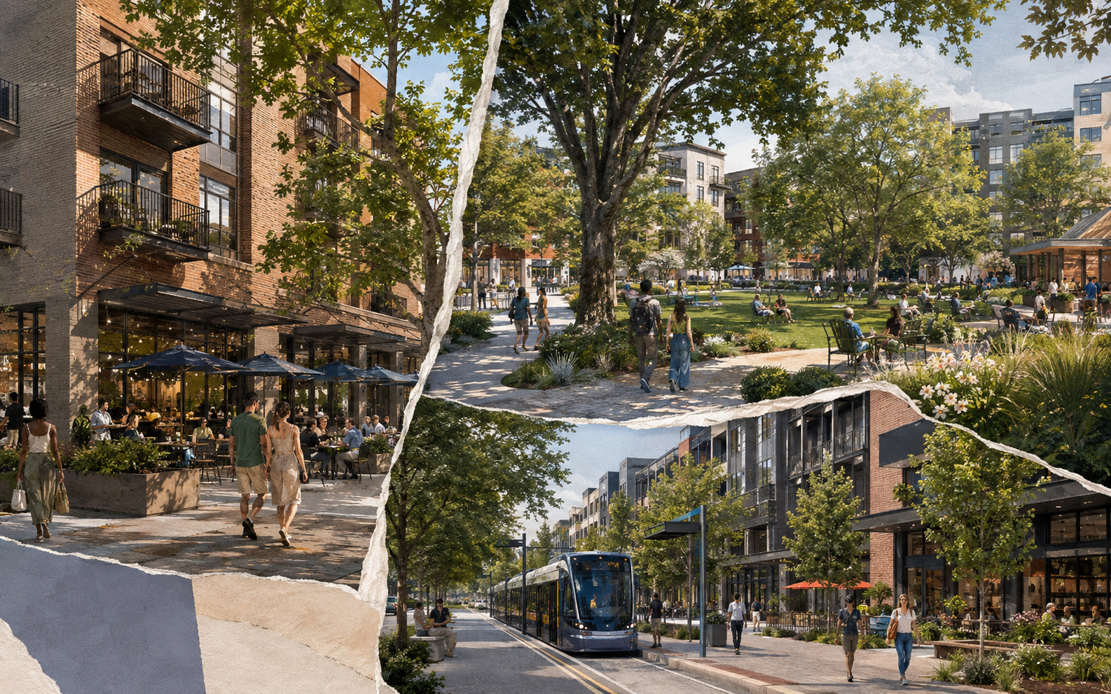 AI editorial concept showing a torn-paper collage of brick mid-rise housing, sidewalk restaurants, a tree-shaded public green, and a modern streetcar along a mixed-use street.