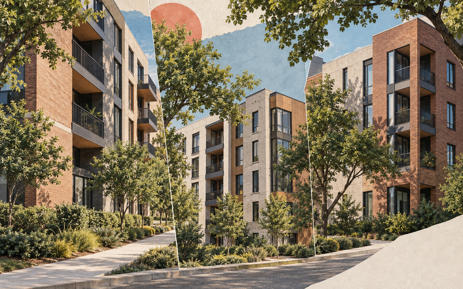An AI editorial concept shows three cut-paper-style views of mid-rise brick, concrete, and glass apartment buildings surrounded by sidewalks, landscaping, and mature trees.