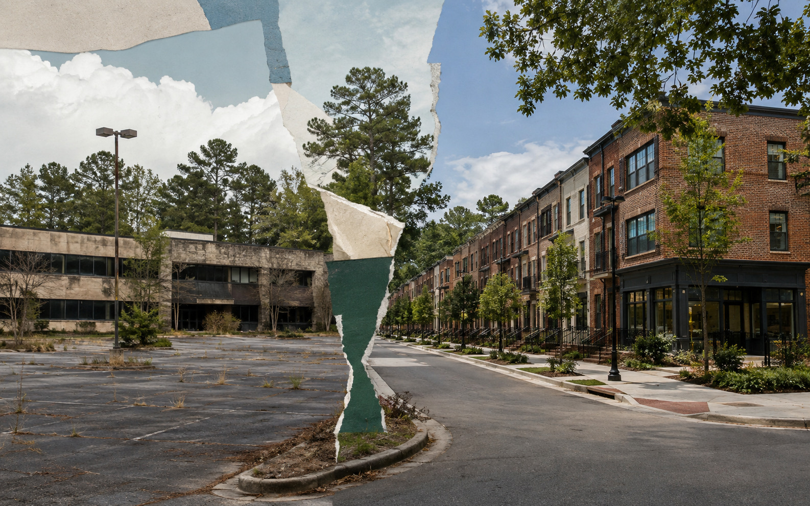 AI editorial concept showing a torn-paper split between a vacant office building and cracked parking lot on the left and a tree-lined street of brick townhomes on the right.