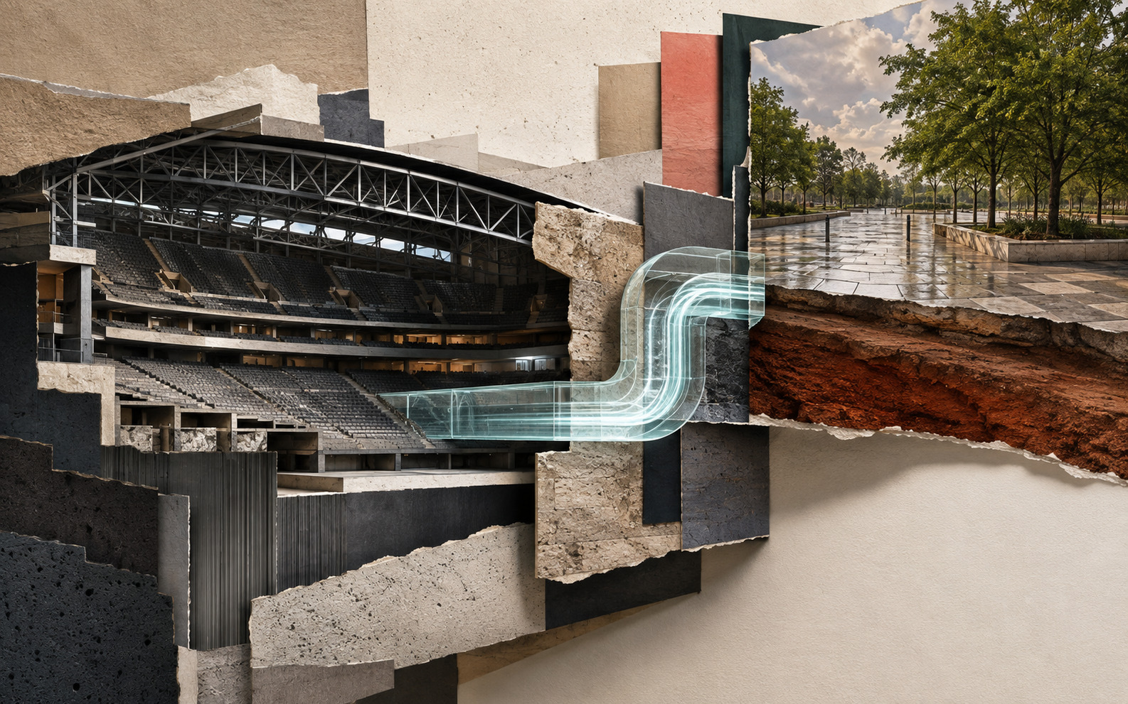 AI editorial concept showing a cut-paper collage of an empty arena, a tree-lined paved plaza, exposed red soil, layered construction materials, and a glowing glass-like conduit.