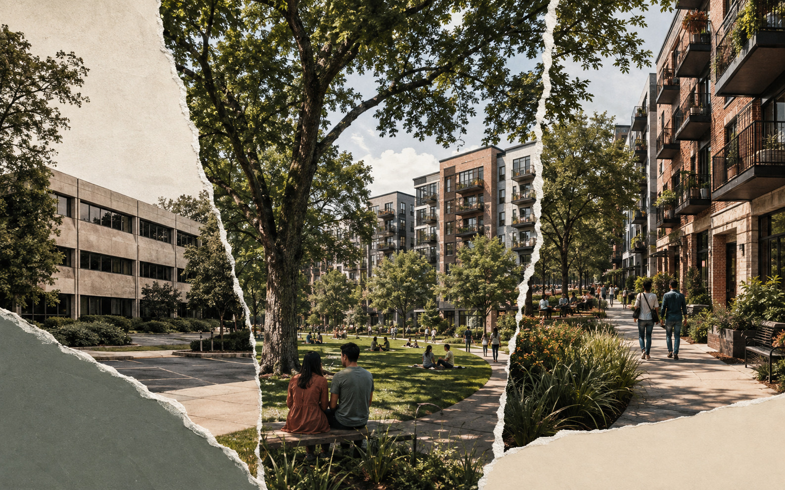 AI editorial concept showing torn-paper views of a low-rise office building, mid-rise apartment buildings, mature trees, a public green, sidewalks, and people outdoors.