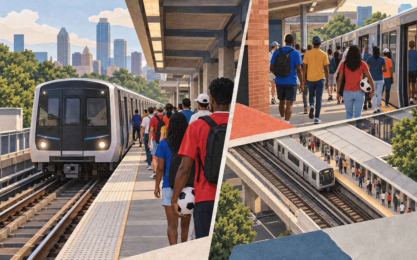 AI editorial concept showing crowded elevated rail platforms, several trains, Atlanta’s skyline, and passengers carrying soccer balls in a layered illustrated collage.