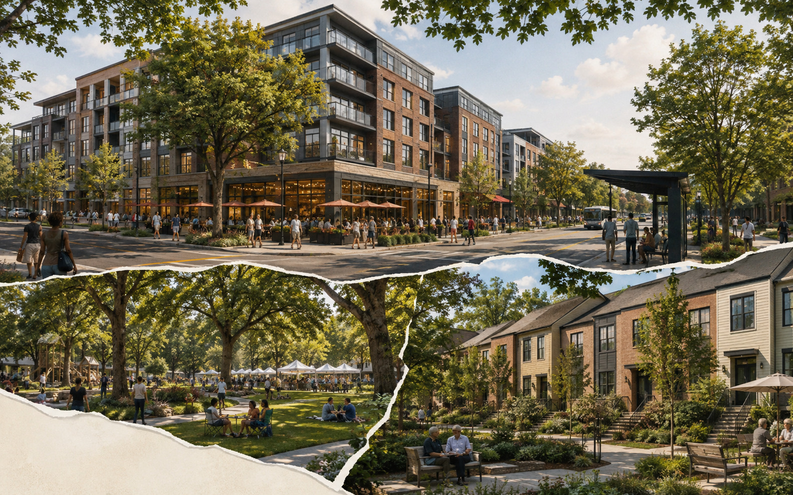 An AI editorial concept collage shows a tree-lined mixed-use street with mid-rise apartments, ground-floor dining, a bus stop, a public green, and rows of townhomes.