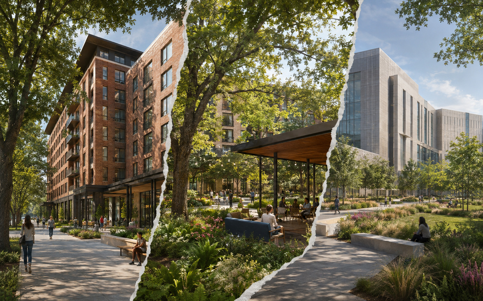 An AI editorial concept shows three torn-edge urban vignettes with multistory brick and concrete buildings, mature shade trees, landscaped walkways, people, and an open-air pavilion.