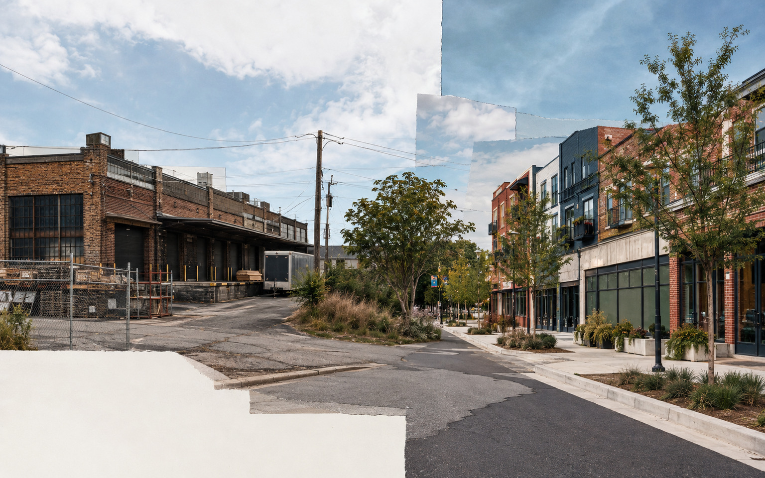 An AI editorial concept shows a cut-paper streetscape collage with a brick industrial warehouse and fenced loading area on the left and mixed-use buildings, storefront windows, sidewalks, and street trees on the right.