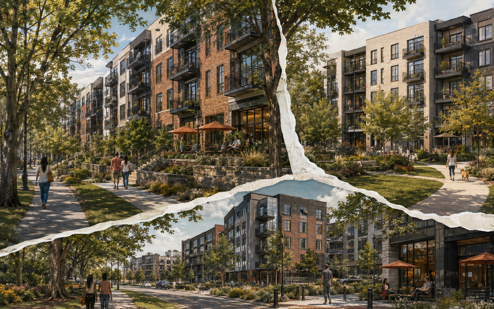 An AI editorial concept shows layered, torn-paper views of mid-rise brick-and-glass apartment buildings, tree-lined sidewalks, landscaped courtyards, and people using the public realm.