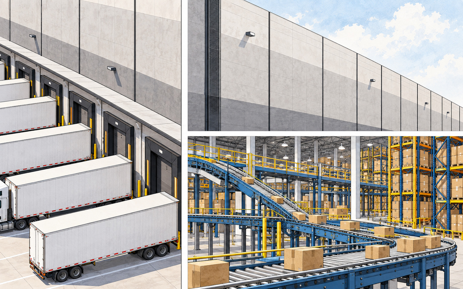 An AI editorial concept shows split panels of warehouse loading docks with white trailers, a concrete exterior wall, and conveyors carrying boxes beside storage racks.