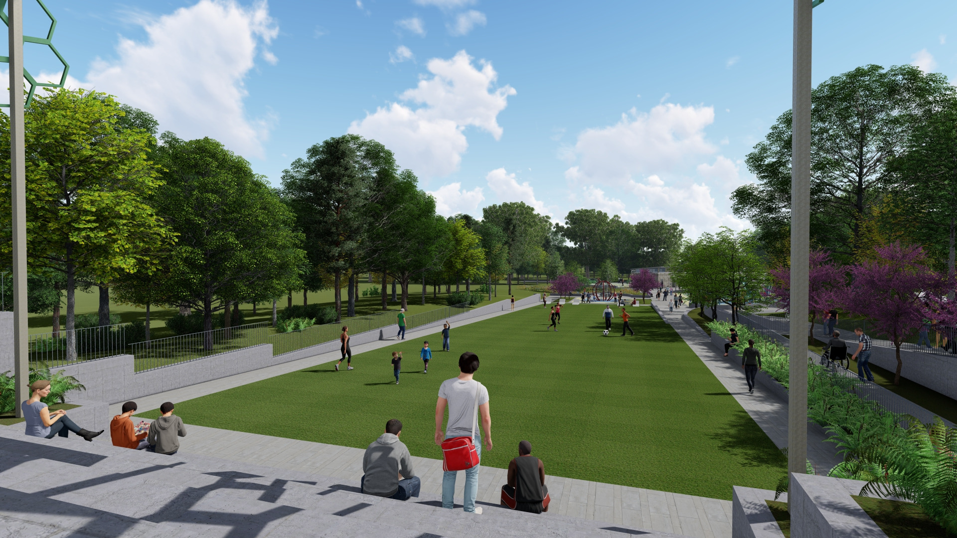 Rendering of Enota Park’s lawn and paths.
