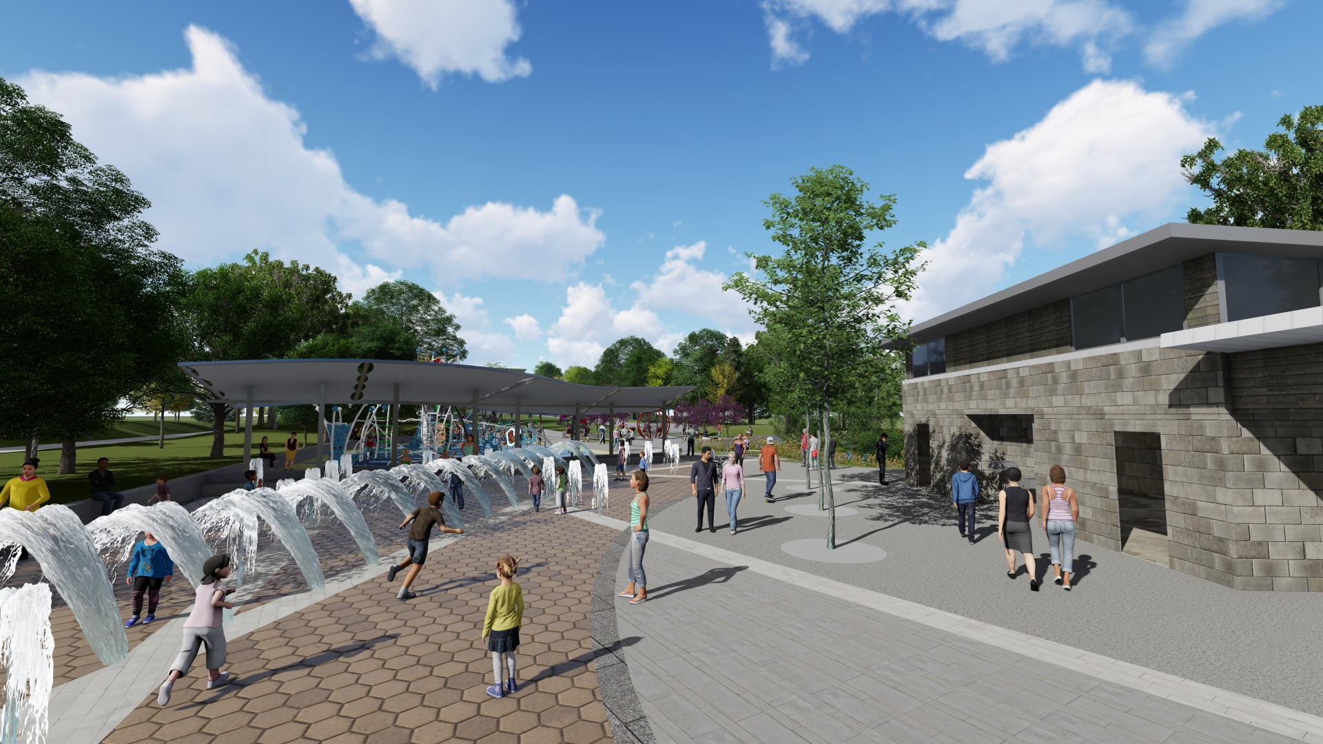 Rendering of Enota Park’s splash plaza and pavilion.