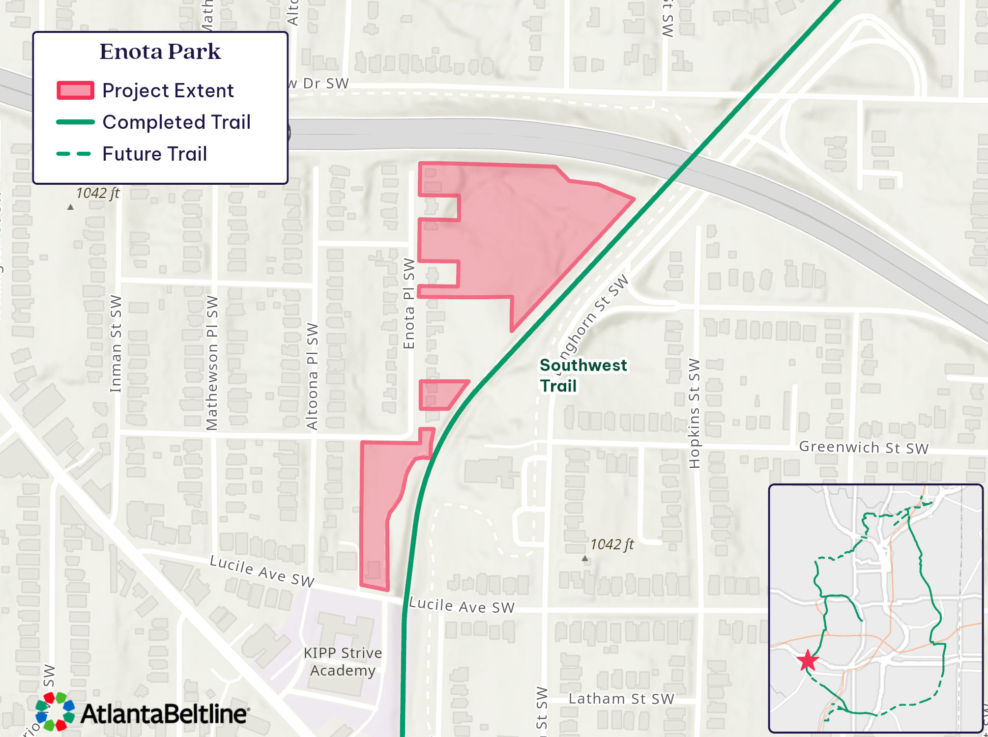 Map of Enota Park beside the Westside Trail.