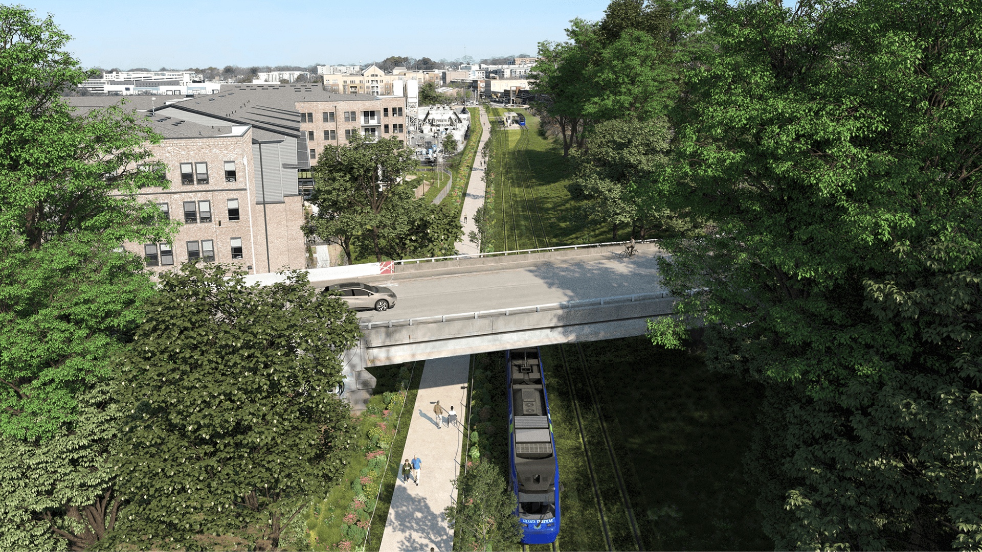 Rendering of BeltLine transit running beneath the Berne Street bridge beside the trail and adjacent development.