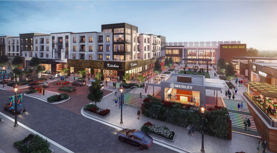 Evening rendering of Medley’s shops, restaurants and apartments.