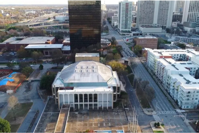 Aerial photograph of the Civic Center performing arts building, 2018.