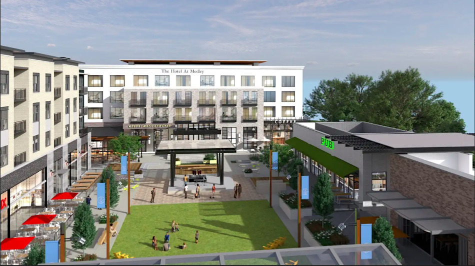 Rendering of Medley’s planned hotel beside its public plaza.
