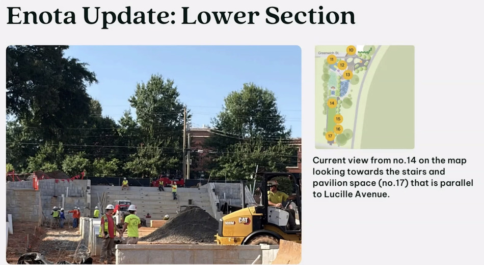 Construction progress in Enota Park’s lower section, shown in a Beltline project presentation.