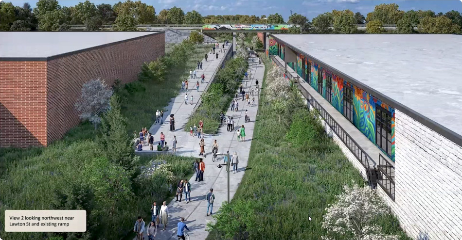 Plans for the current Westside Trail's connection with Segment 6, to include a pitstop with benches near Lee + White.