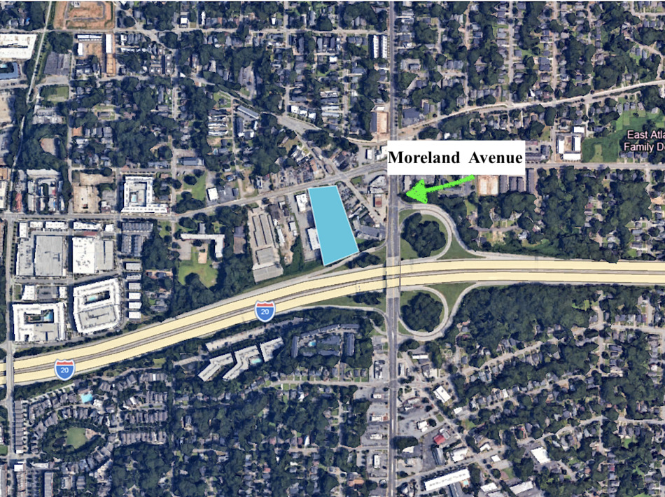 The 2.2-acre site in question (in blue) near I-20 and Moreland Avenue.