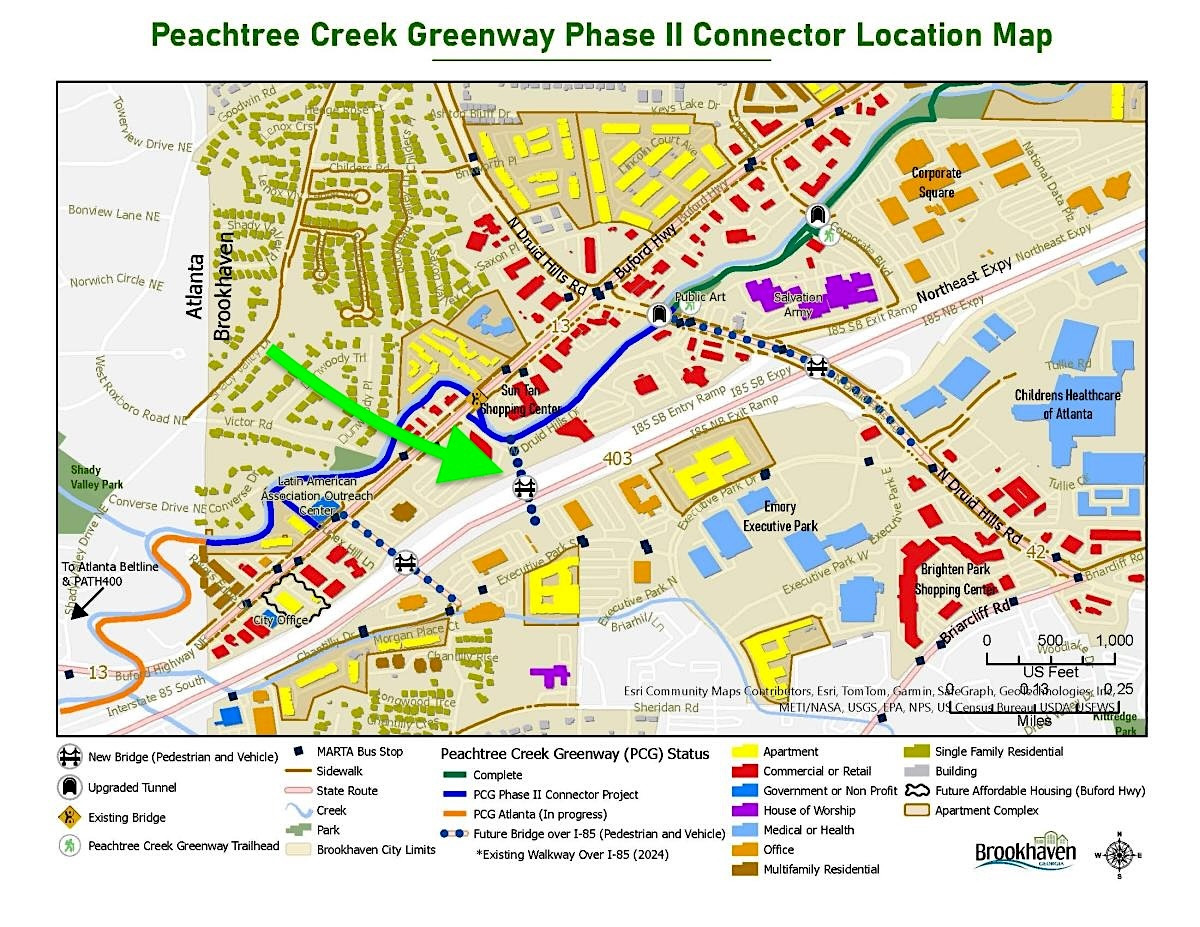 Where the first Peachtree Creek Greenway Connector Bridge is planned as a connection to Executive Park.
