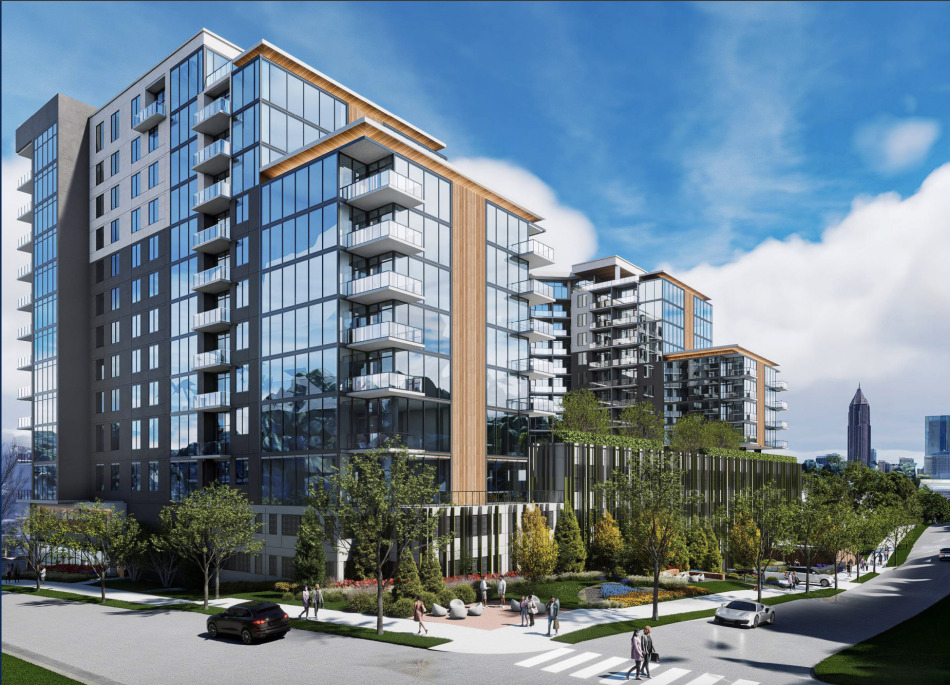 View of Selig Enterprises’ proposal from the corner of Maiden Lane NE and Bonaventure Avenue NE in Virginia-Highland, looking west toward Midtown and downtown.