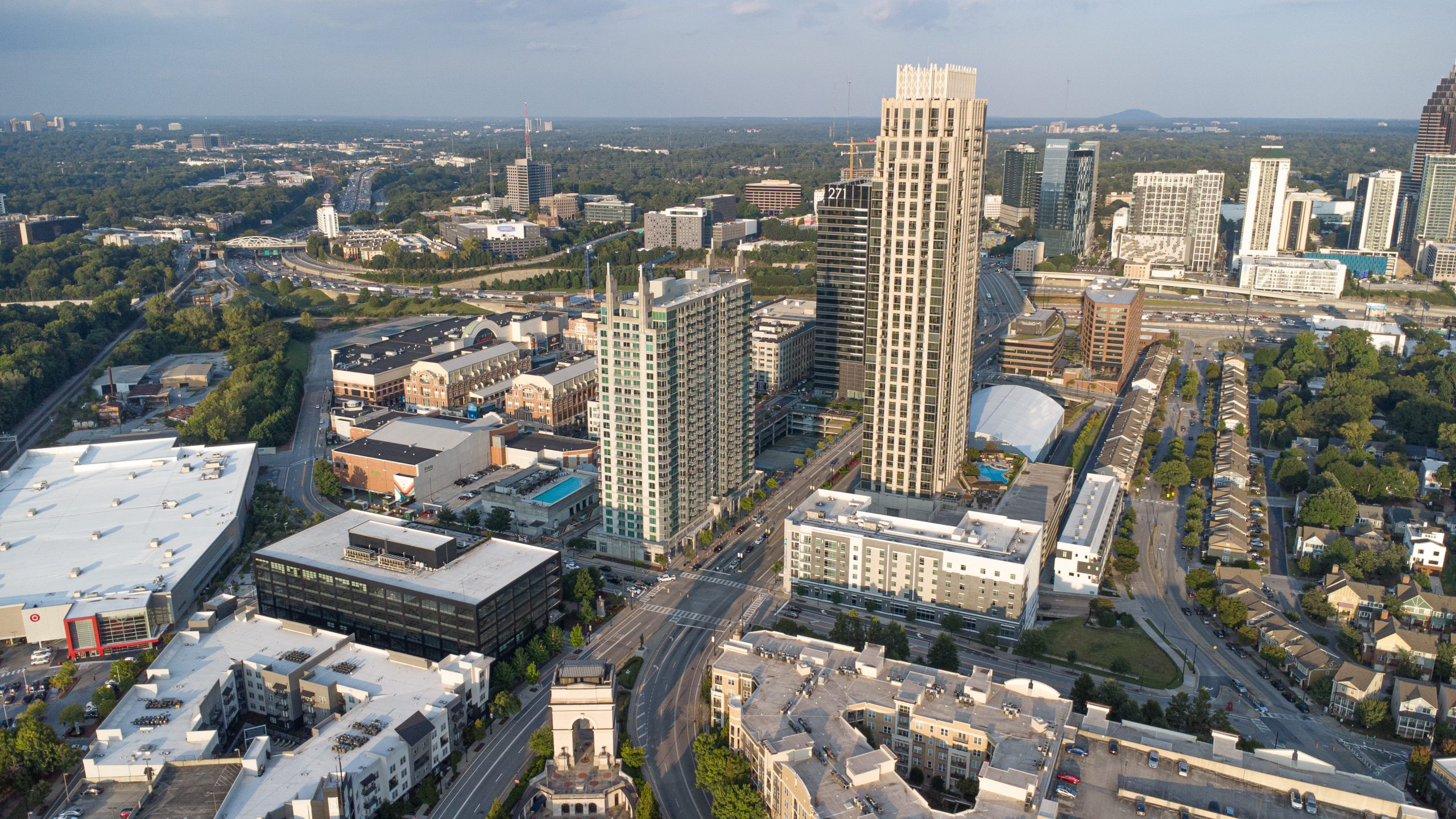 Atlantic Station’s retail district and surrounding buildings, viewed from above.