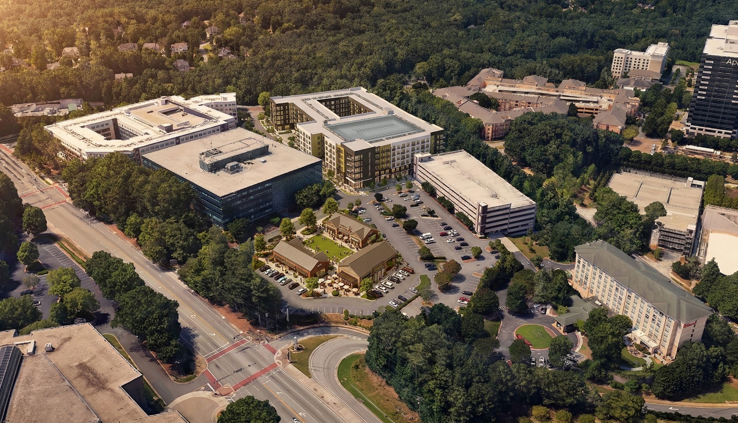 Aerial rendering of the approved Ashford Green apartment building rising beside existing office towers and a parking deck at 4170 Ashford Dunwoody Road in Brookhaven.