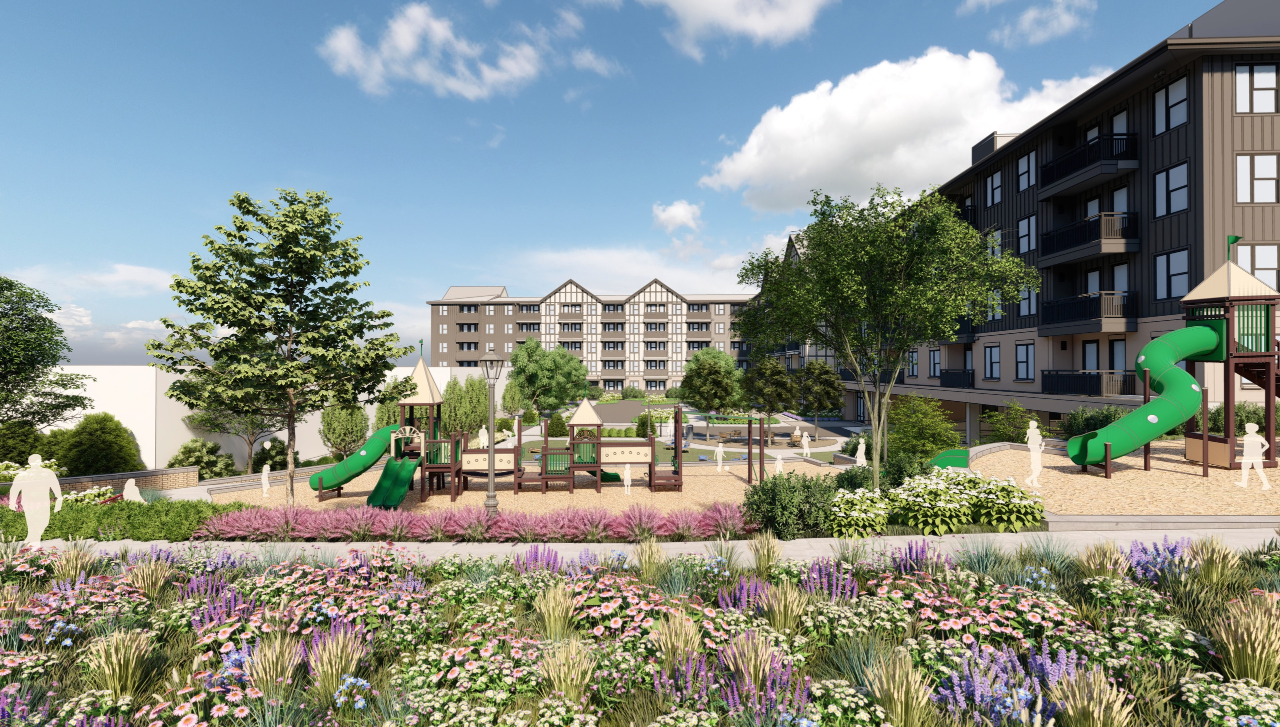 Rendering of the planned North River Apartments redevelopment showing new residential buildings and green space along Roswell Road in Sandy Springs.