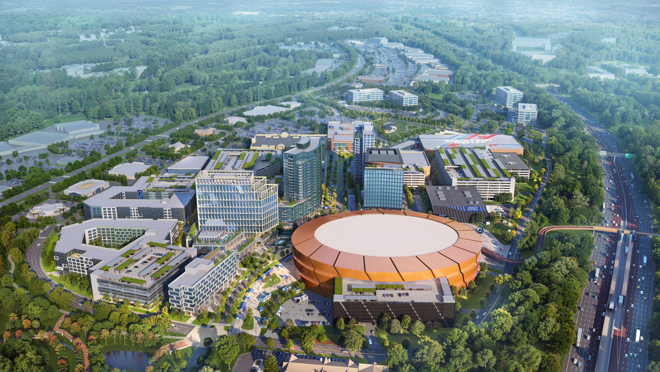 Aerial rendering of the proposed North Point arena and surrounding district.
