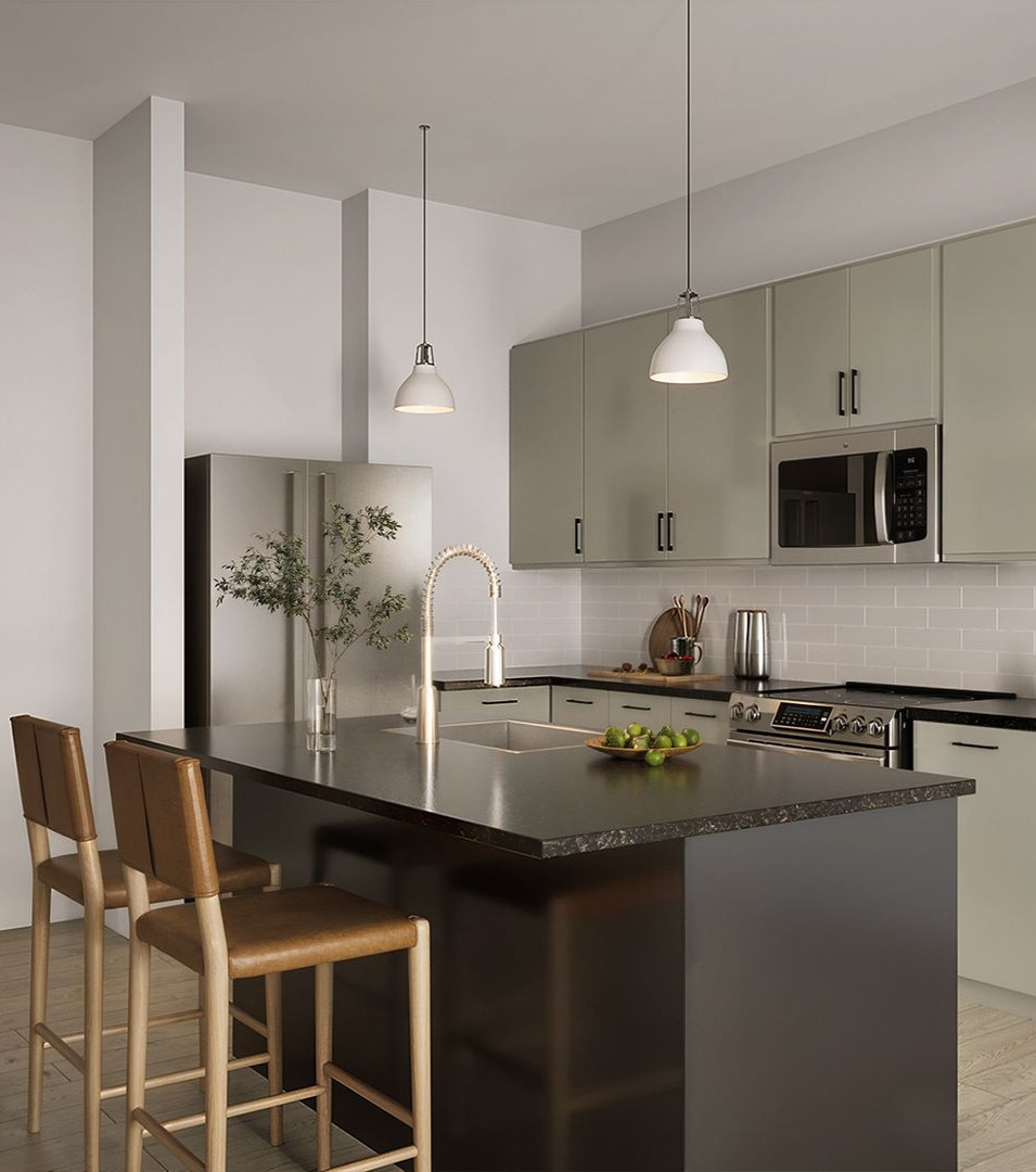Rendering of a Woodrow House apartment kitchen.