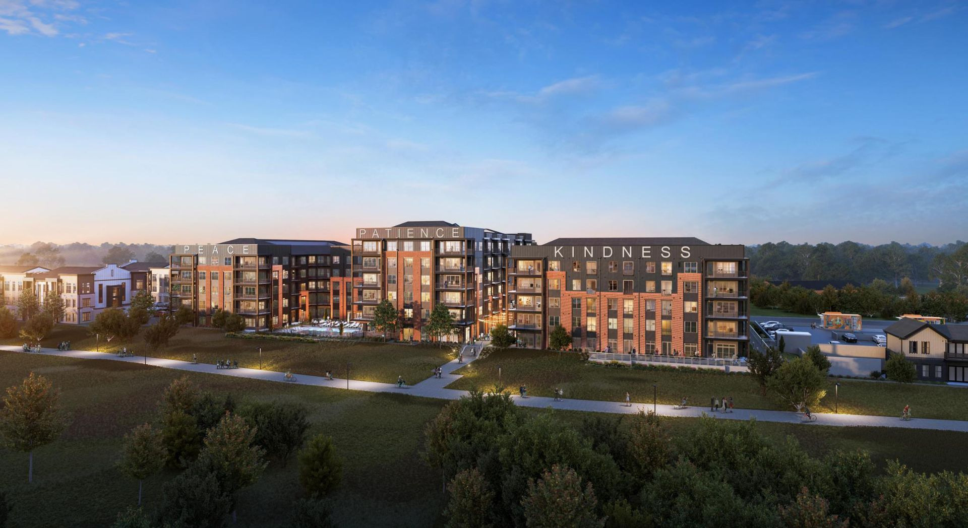 Woodrow House exterior rendering — apartment building and landscaped grounds.