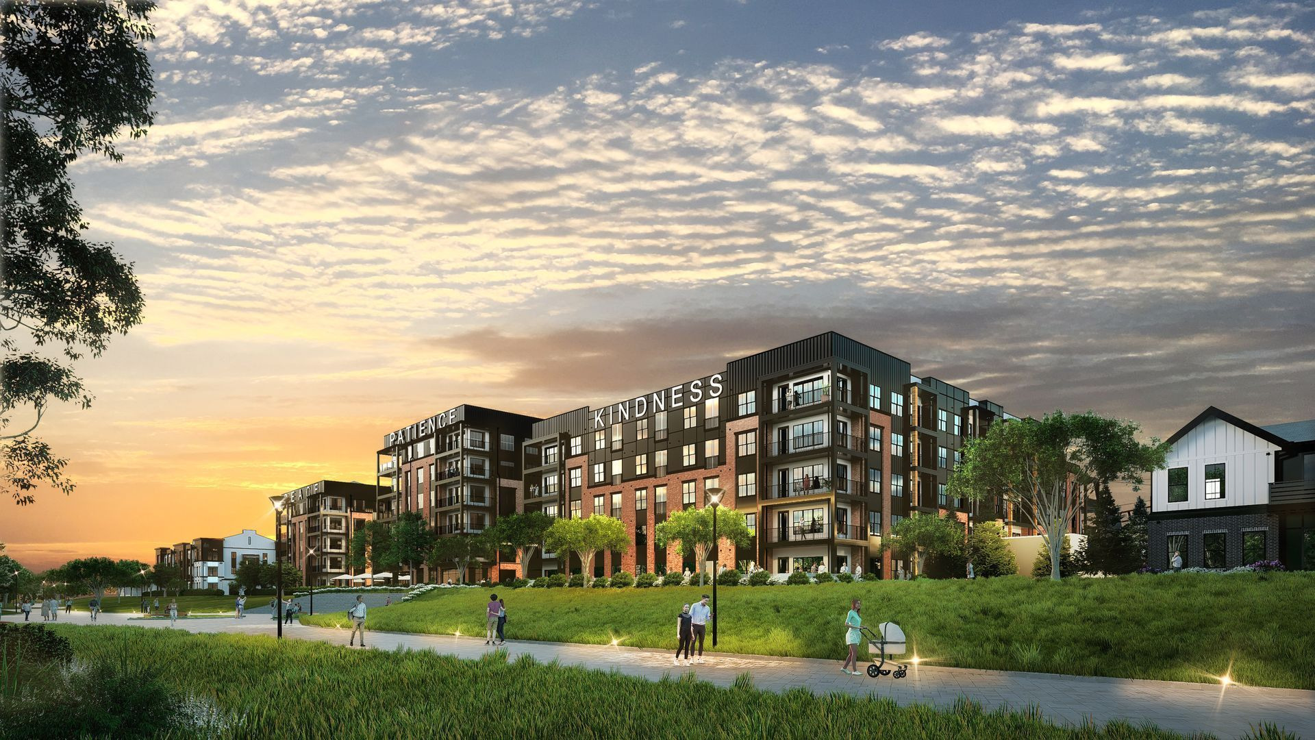 Woodrow House exterior rendering — Beltline-facing buildings and lawn.