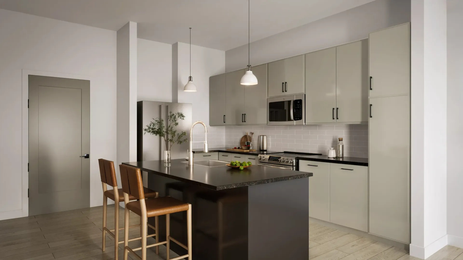 Rendering of a Woodrow House apartment kitchen.