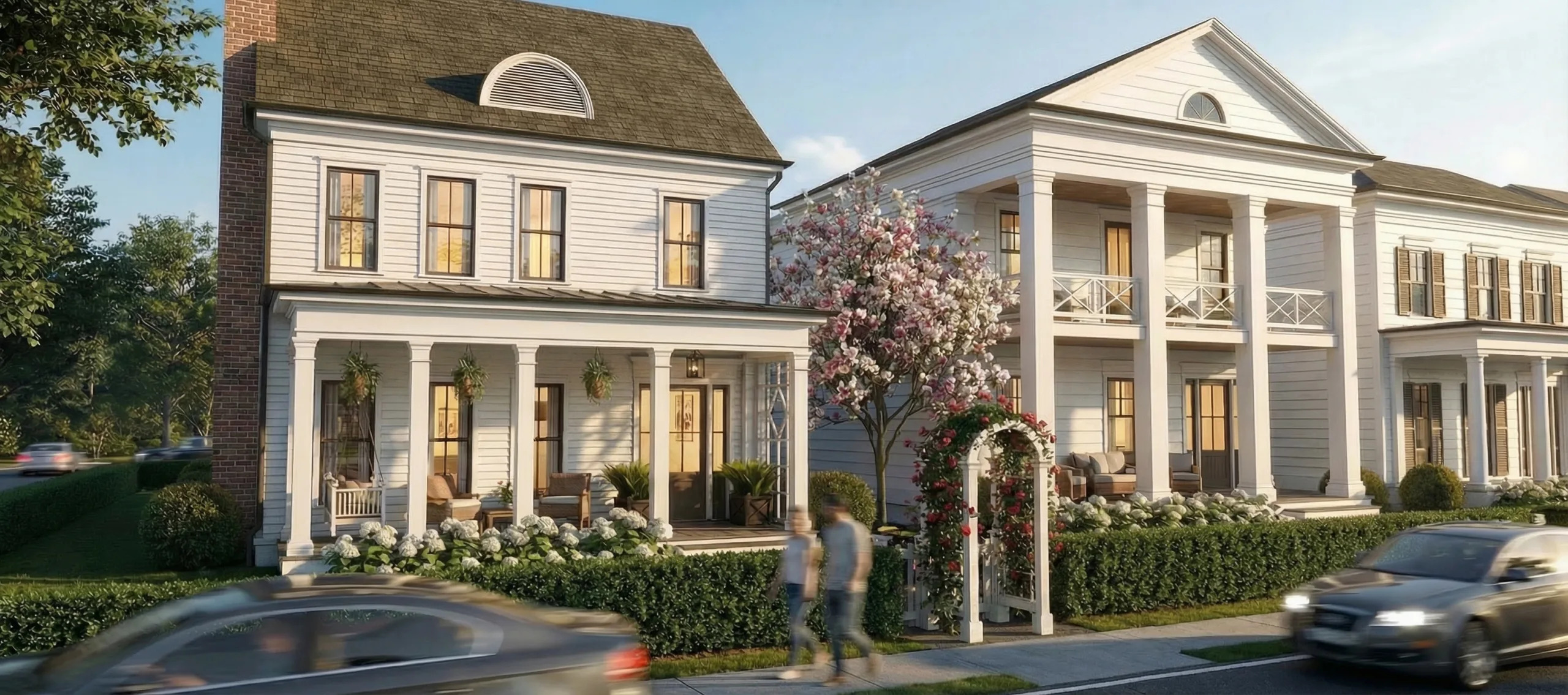 Rendering of homes around a landscaped area at Grove Park Village.