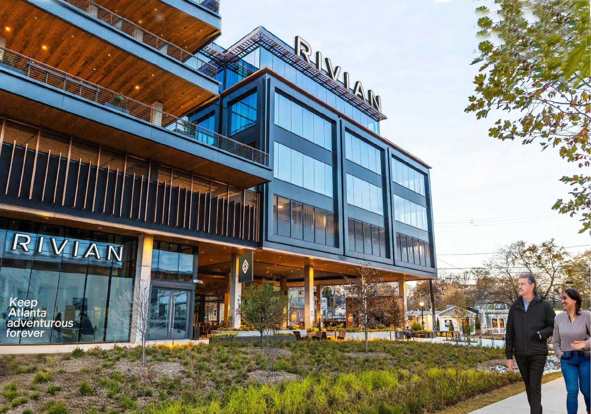Rivian’s published street-level view of its East Coast headquarters at Junction Krog District.
