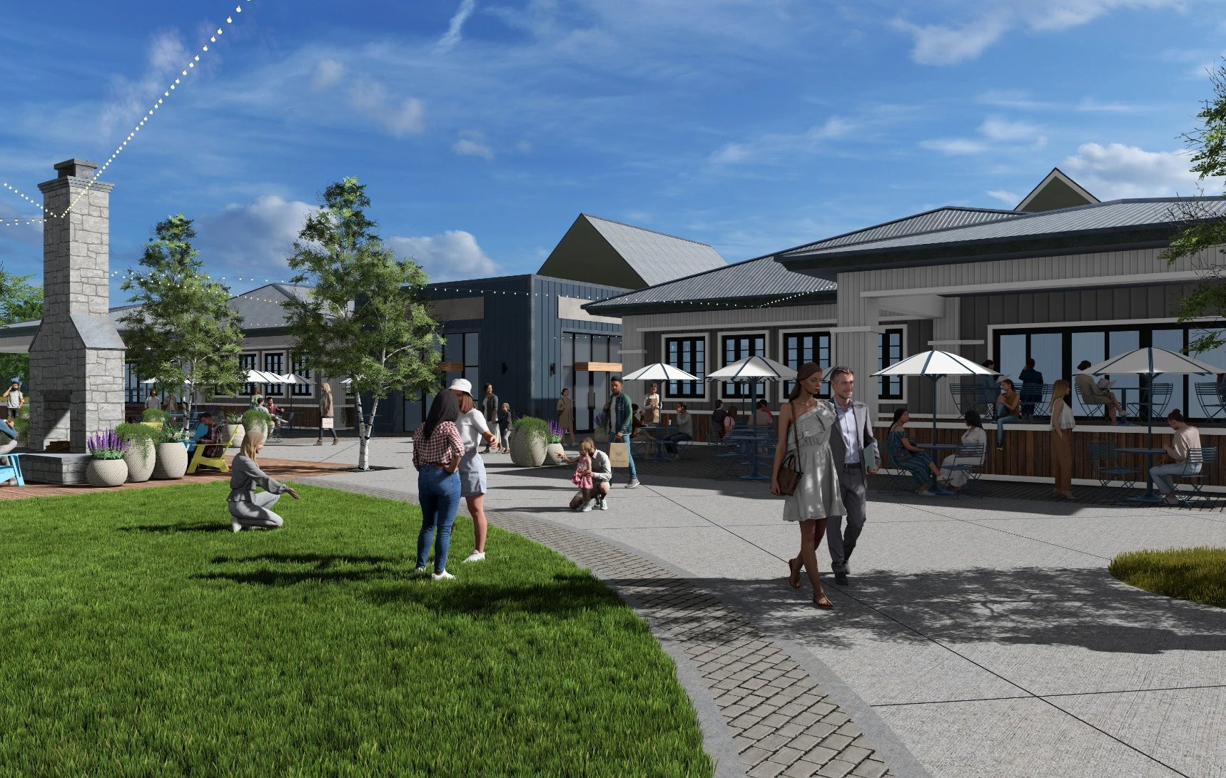 Meadow Glen Village rendering showing a lawn, outdoor seating and a pavilion around the central gathering space.