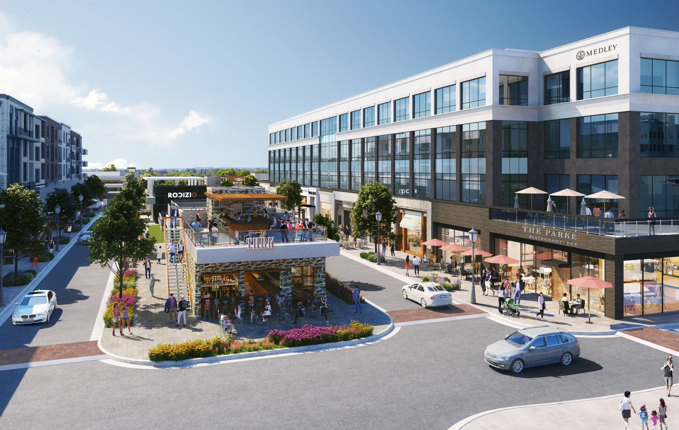 Rendering of Medley’s office building, restaurant and public plaza.