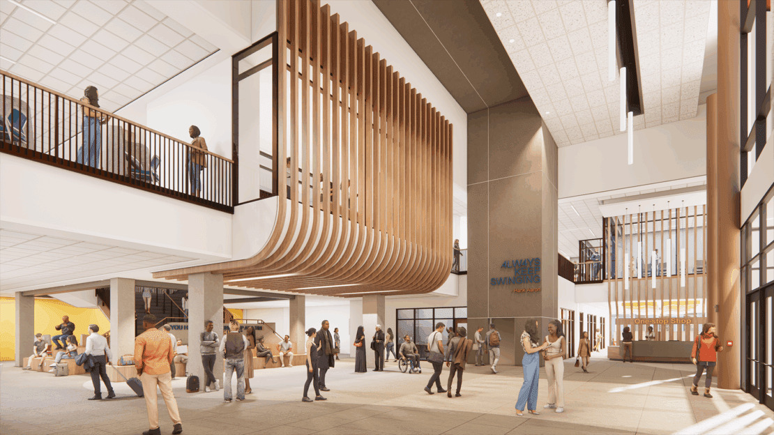 Interior rendering of the Hank Aaron Academic Complex student services area.