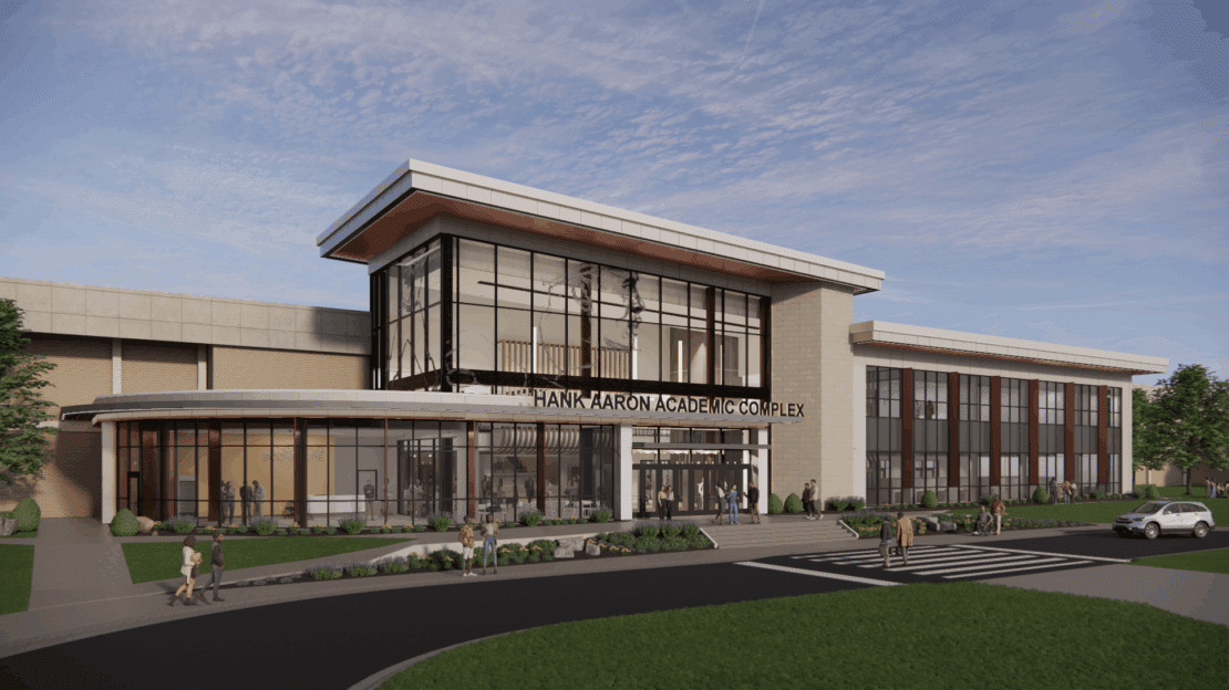 Exterior rendering of the renovated Hank Aaron Academic Complex.