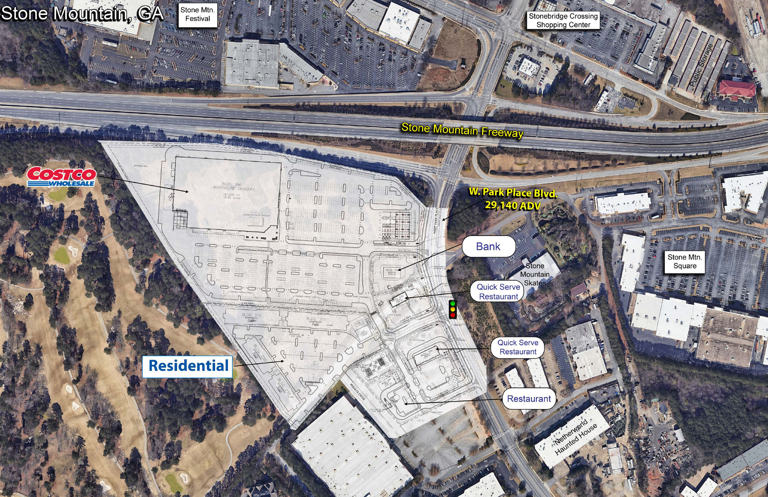 Mountain Marketplace site marked on an aerial image.